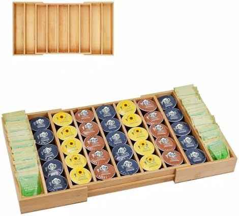 K Cup Holder Bamboo Coffee Pod Holder Drawer Organizer, Expandable K Cup Pod Storage Tea Bag Storage for Coffee Station Home Office and Kitchen