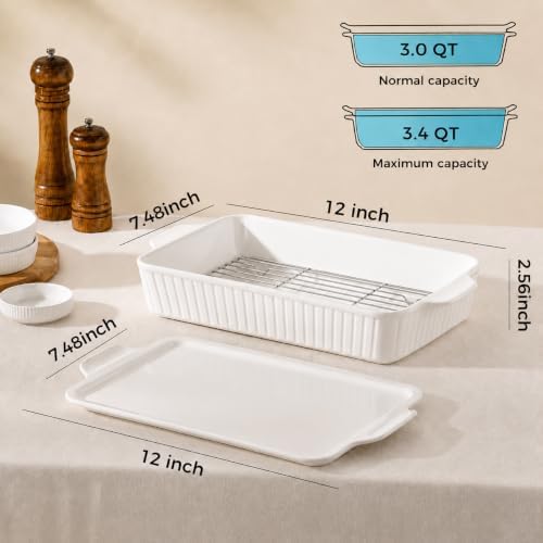 Ceramic Casserole Dish with Lid & Rack,2 Pack 7x10 inch Baking Dish