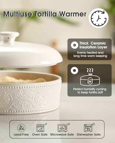FE Ceramic Tortilla Warmer,Lace Emboss 8.8 Inch Tortilla Holder with