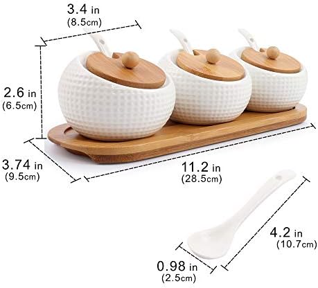 Porcelain Condiment Jar Spice Container with Lids - Bamboo Cap Holder