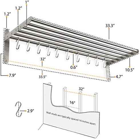Wallniture Lyon Kitchen Organization and Storage Rack, Stainless Steel Metal Wall Shelf with 10 S Hooks for Hanging Pots and Pans, Chrome