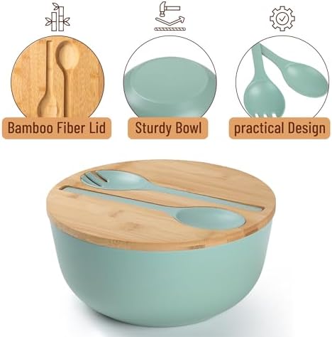 BAMBOO LAND- Large Salad Bowl with Wooden Lid, 10 Inch/108 Oz, Mint