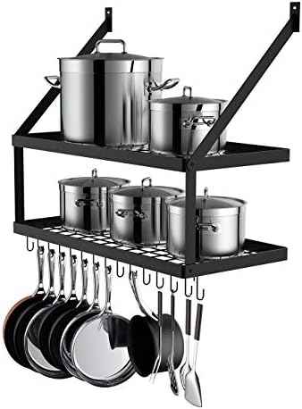 Miyili 30-Inch Kitchen Pot Rack with 15 Hooks, Wall Mounted Hanging Rack for Storage Organizer, 2-Tier Pots Hangers Shelf (Matte Black)