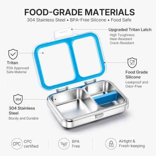 Leak-Resistant 18/8 Stainless Steel Bento Lunch Box Kids 7+ and Adults