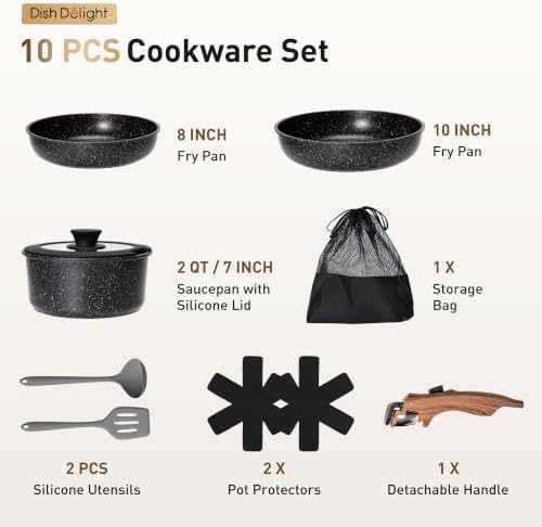 DishDelight Removable Handle Pots and Pans, 10 Piece Cookware Set Non