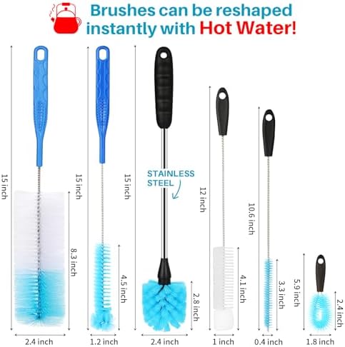 6 Pack Bottle Brush Narrow Neck Cleaning Set, Stainless Steel Cleaner