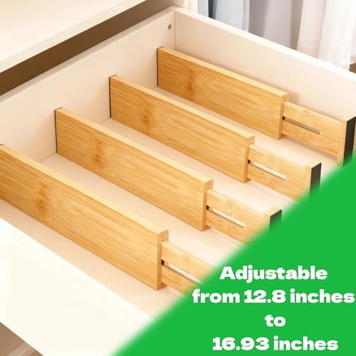 DZS Bamboo Drawer Organizer, 4-Pack Adjustable and Expandable Divider