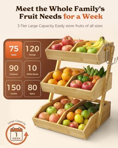 Sevenblue 3-Tier Bamboo Fruit Basket with 2 Banana Holders