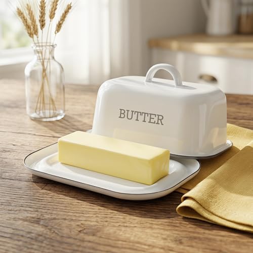 Enamel Butter Dish with Lid for Countertop, Vintage White Large Butter