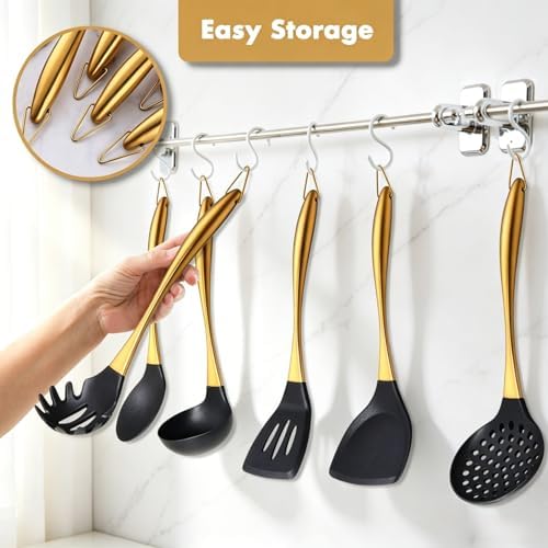 Silicone Cooking Utensils Set, 9 Pcs, Stainless Steel Handle, Gold