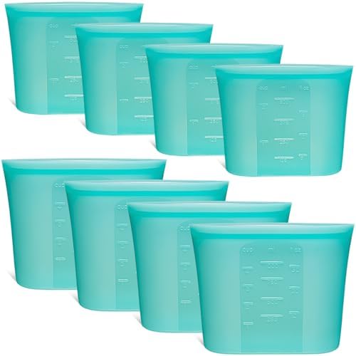 8-Pack Reusable Silicone Food Storage Bags, 100% Silicone Stand-Up