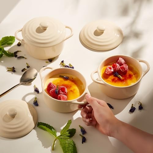 Kook Mini Cocotte, Lids, Handles, Dutch Oven, Set of 4, 12 oz, Ivory