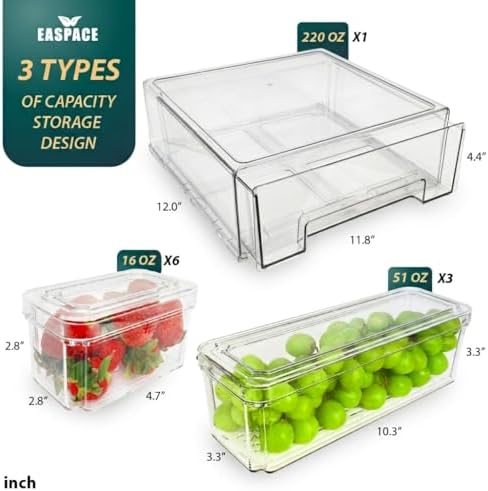 10-Pack Fridge Organizer Bins with Drawer