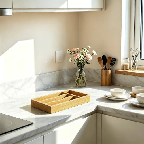 Small Silverware Drawer Organizer, 4 Slots Kitchen Drawer Tray