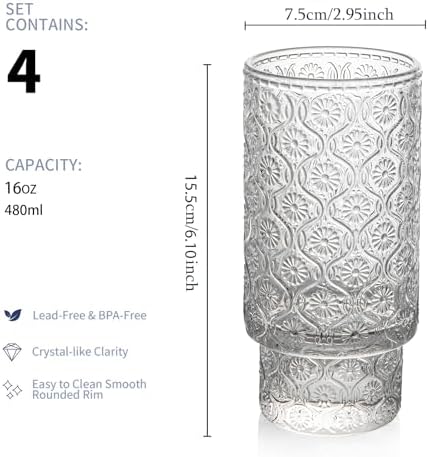Drinking Glasses Set of 4, 16oz Textured Flower Design Cocktail