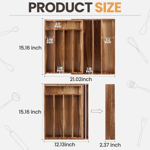 Acacia Wood Silverware Drawer Organizer, 21 Inch Adjustable Cutlery
