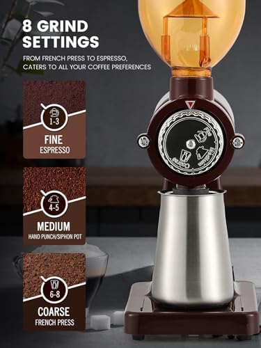 Huanyu 60mm Flat Burr Coffee Grinder, 8 Grind Settings