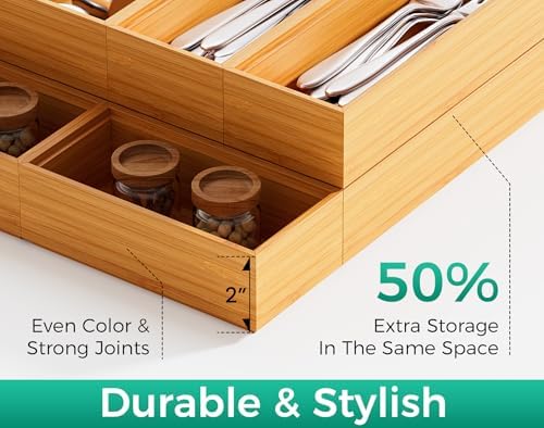 Long Bamboo Kitchen Drawer Organizer Boxes, 17 x 6"