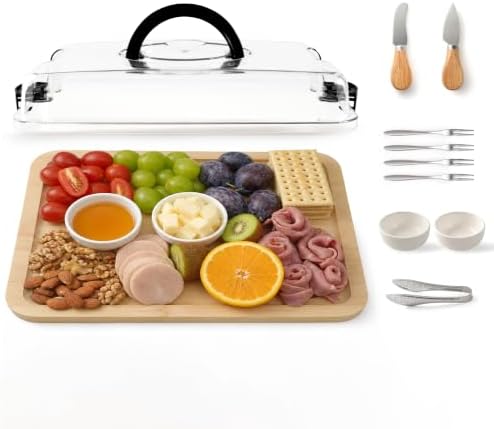 Bamboo Charcuterie Board with Lid, Portable 1-Compartment Tray