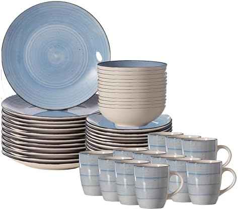 48 PC Spin Wash Dinnerware Dish Set for 12 Person | Mugs, Salad and Dinner Plates and Bowls Sets, Dishes with Highly Chip and Crack Resistant, Dishwasher and Microwave Safe, Blue