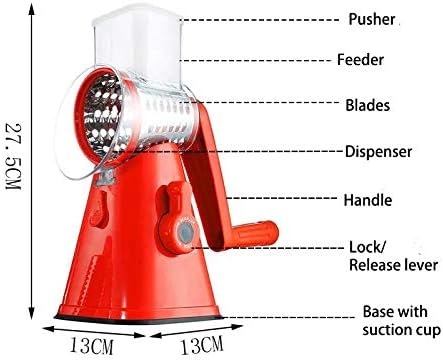 Manual Rotary Potato Grater with 3 Interchangeable Blades, Red