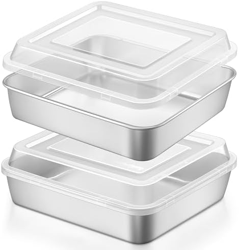 LIANYU 9 x 9 Square Baking Pan with Lid, 2 Pack Stainless Steel Cake