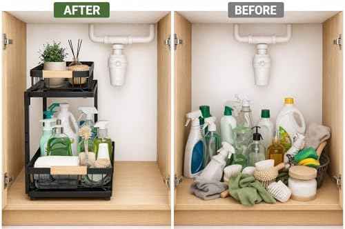 L-Shaped Adjustable 2-Tier Under Sink Organizer – Sliding Metal Storage Shelf for Kitchen & Bathroom Cabinets (Black)