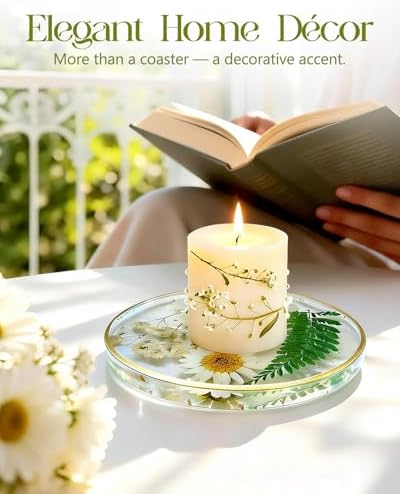 Oqplog Resin Drink Coaster for Desk Coffee Table-White Cute Dried