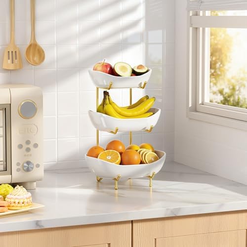 Ceramic 3 Tier Fruit Bowl, Fruit Basket for Kitchen Counter, Gold