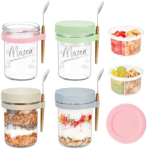 Xyptorix 4 Pack 16oz Glass Overnight Oats Containers with Lids &