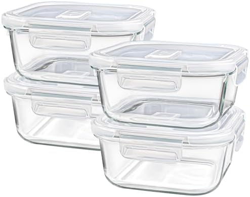 Square Glass Containers with Lids, 3 Cup, 4-Pack