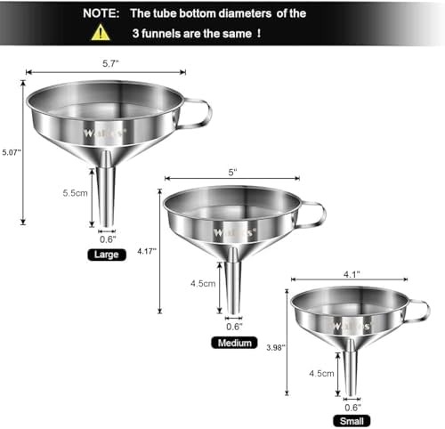 Stainless Steel Funnel, Walfos 3 Pack Kitchen Funnel with 2 Removable