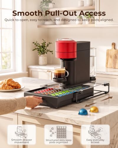 EVERIE Nespresso Vertuo Pod Holder Drawer, Coffee Pod Organizer with Universal Slots, Holds 40 Large or 52 Small Capsules, Tempered Glass Top Storage Drawer for Coffee Makers, 12" x 16.5" x 3.5"