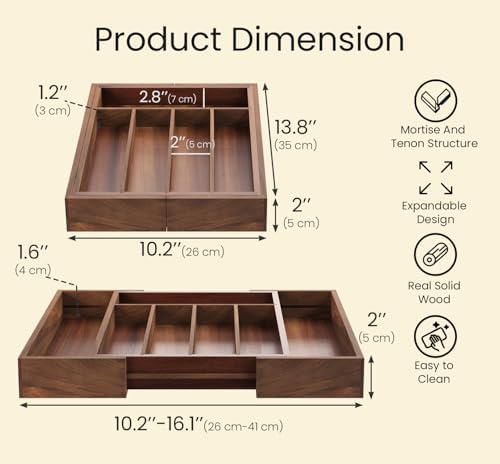 Fibogollo Expandable Kitchen Drawer Organizer,Acacia Wood Silverware Organizer,Adjustable Flatware Tray for Utensils(13.78 * 10.24~16.14 * 1.97)