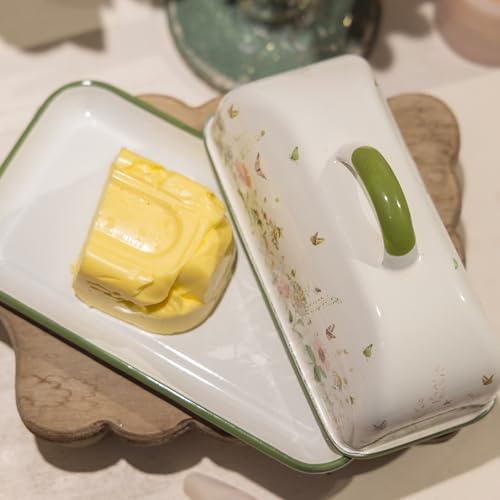 Enameled Farmhouse Vintage Butter Dish with Lid Durable Kitchen Food