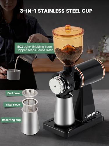 Huanyu 60mm Flat Burr Coffee Grinder, Black