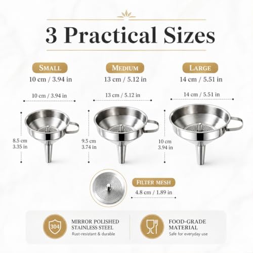 304 Stainless Steel Funnel with Filter Mesh 4.1-5.9" Kitchen Funnel