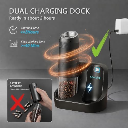 Gravity Electric Salt & Pepper Grinder Set, Matte Black, 2-Pack