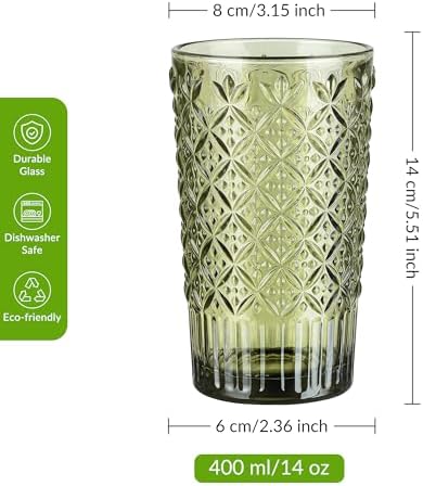 Joeyan Green Vintage Drinking Glasses,Embossed Highball Water Glass