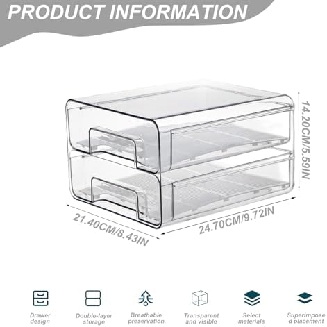 Fridge Drawer 2 Layer Refrigerator Organizer Bins Pull-Out Transparent