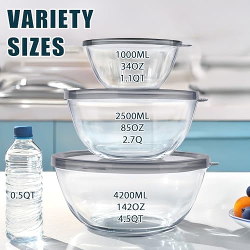 Glass Mixing Bowls with Lids Set(4.5QT, 2.7QT, 1.1QT),Glass Bowls with