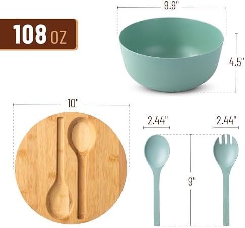 BAMBOO LAND- Large Salad Bowl with Wooden Lid, 10 Inch/108 Oz, Mint