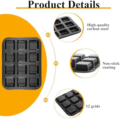 3 Pack Brownie Pan with Dividers, 12-Cavity Non-stick Square Mini