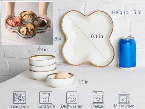 ONEMORE Chip and Dip Serving Set, 8.5 inch Ceramic Divided Serving Platter Small Appetizer Tray with 4 Removable Dishes for Nuts, Candy, Snacks, Veggies, Rustic Serving Bowls for Entertaining