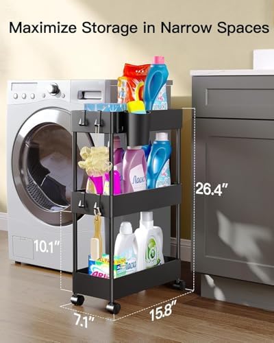 Pipishell 3 Tier Bathroom Storage Cart, Black