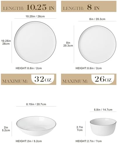 MALACASA 24-Piece Dinnerware Set for 6, White Black-Rim Porcelain