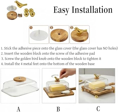 HAN SHENG Gold Bird Butter Dish with Glass Lid Knife, Butter Storage
