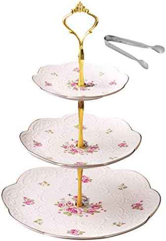Jusalpha Embossed 3-tier Ceramic Cake Stand- Cupcake Stand with Golden
