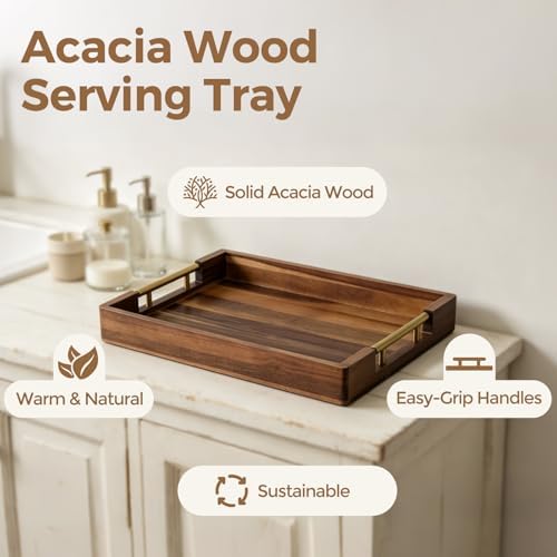 Acacia Wood Serving Tray with Golden Handles, 17" Wooden Tray for