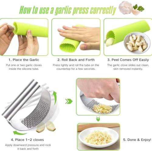 Garlic Press Rocker, Stainless Steel, Peeler and Brush